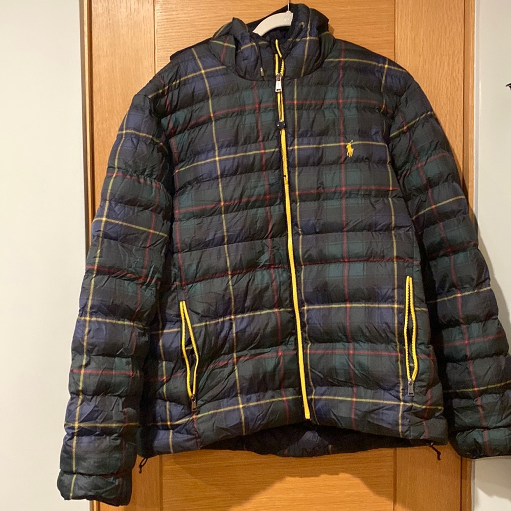 Polo Ralph Lauren rain puffer jacket with hood and matching pouch. Never worn.